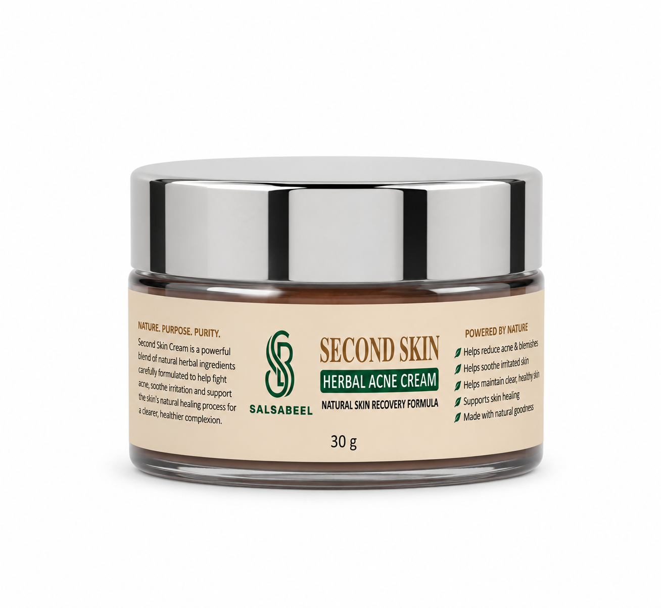 Second Skin Herbal Acne Cream | Fast-Acting Relief for Papules, Pustules & Cystic Acne - 30g